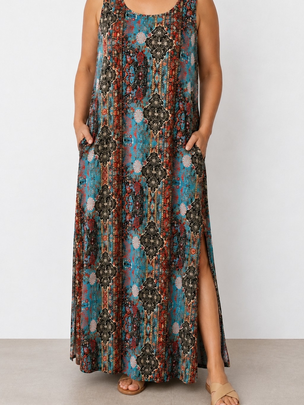 Boho Teal Floral Maxi Dress with Side Slit
